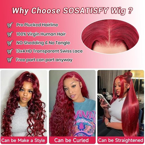 SOSATISFY 99J Burgundy Lace Front Wigs Human Hair 200 Density 13x4 Full Lace Body Wave Wig HD Transparent Lace Red and Wine Wigs for Women Pre Plucked with Baby Hair 22 Inch