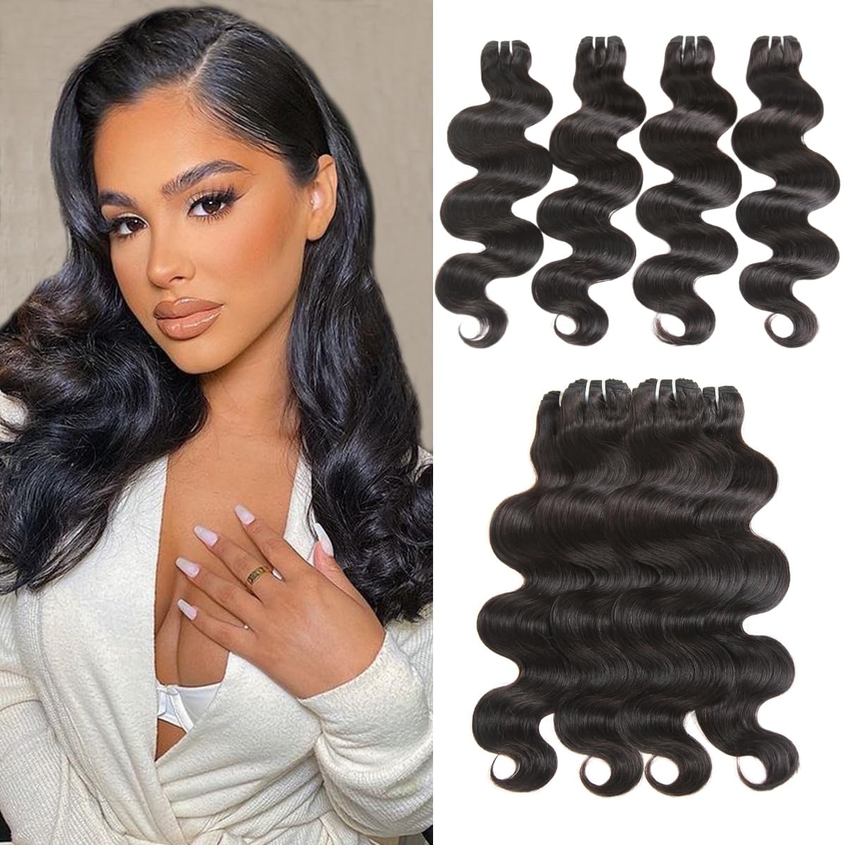 16A Raw Human Hair Bundles 16 16 18 18 Inch Body Wave Bundles Human Hair, 100% Unprocessed Brazilian Virgin Hair, Keep Texture Silky Soft After Multiple Washes, Triple Lifespan (4Bundles/200g)
