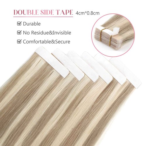 Sixstarhair Remy Tape In Hair Extensions Ash Blonde and Ash Brown Piano Color Remy Human Hair Lowlight Hair Extensions 20 Pieces Pack For White Women [P8-60 18inch]