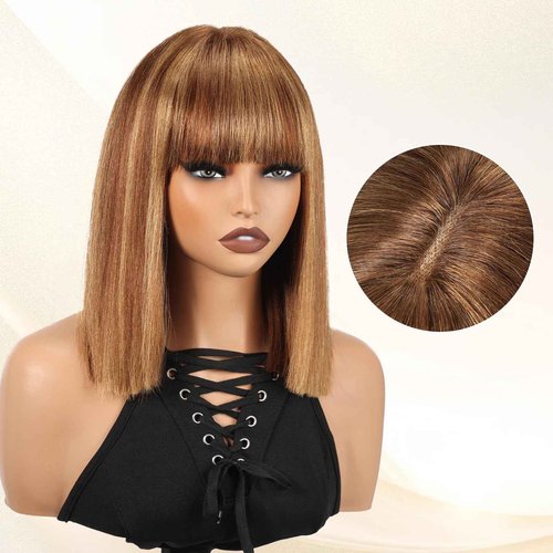 ELLORS 12 Inch Highlight Bob Wig Human Hair With Bangs Glueless 2x1 HD Lace Wigs, Short Wigs For Women Yaki Straight