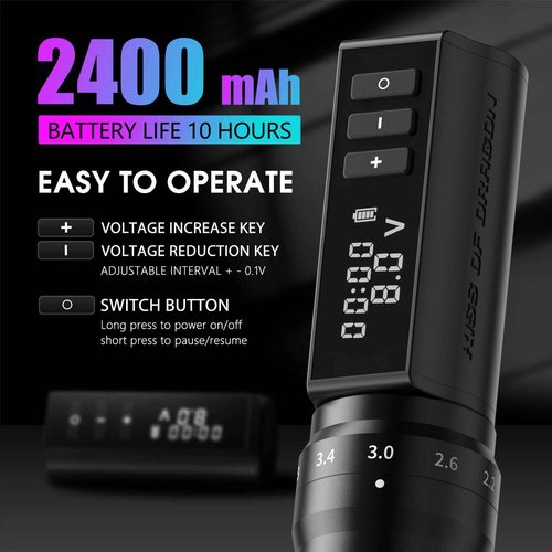 Tattoo Gun - Kiss of Dragon 2400mAh Rotary Tattoo Machine with 6 Adjustable Stroke Lengths, Coreless Motor Options Dual batteries for longer working time-Professional Tattoo Artis