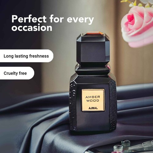 Ajmal Amber Wood Noir Eau de Parfum for Unisex – Romantic Woody Floral Musk with Citrus & Amber – Long-Lasting Premium Dubai Fragrance – 3.4 fl oz (100 ml)