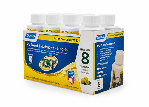 Camco TST MAX RV Toilet Treatment - Formaldehyde Free - Breaks Down Waste And Tissue - Septic Tank Safe - Treats up to 8 - 40 Gallon Holding Tanks -Lemon Scent, (8) 4 oz Bottles (41571)