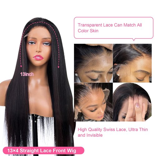 Lace Front Wigs Human Hair 13x4 Transparent Straight Lace Frontal Human Hair Wigs for Woman Pre Plucked with Baby Hair Natural Black Glueless Brazilian Virgin Human Hair Wig (20inch)