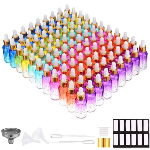 PrettyCare Glass Eye Dropper Bottles 99 Pack, 1oz (30ml) Rainbow Empty Thick Bottles Bulk with Leakproof Golden Caps - With Labels & Funnels for Storage, Travel, Essential Oils, Cuticle, Tinctures