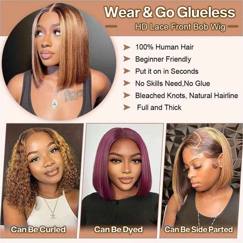 5x5 Lace Closure Bob Wig 14 Inch Ombre Honey Blonde Bob 4/27 Highlight Wear and Go Glueless Human Hair 200 Density Short Straight Bob Wigs No Glue Pre Plucked With Baby Hair Colored Wigs for Women