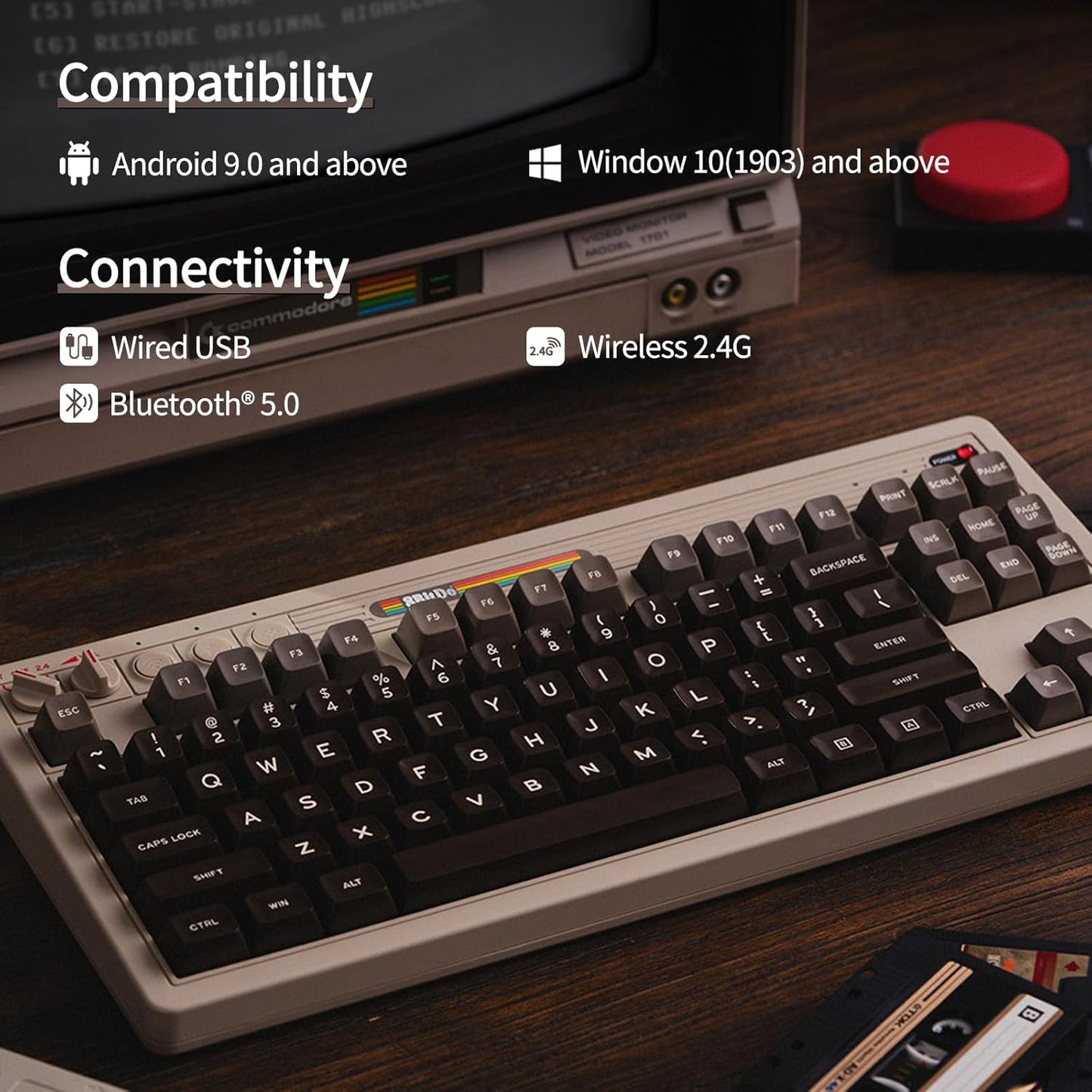 AKNES 8BitDo Retro 108 Mechanical Keyboard, Hot Swappable Gaming Keyboard with 108 Keys&Integrated Numpad, Dual Super Buttons, Bluetooth/2.4G/USB-C Keyboard for Windows & Android - N Edition