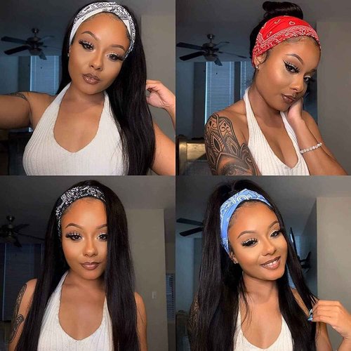 Headband Wig Human Hair Straight 18 Inch Headband Wigs for Black Women Glueless None Lace Front Human Hair Wigs Brazilian Virgin Hair Headband Wigs Natural Color+ 4/27 Highlight Color Two Headband Wig