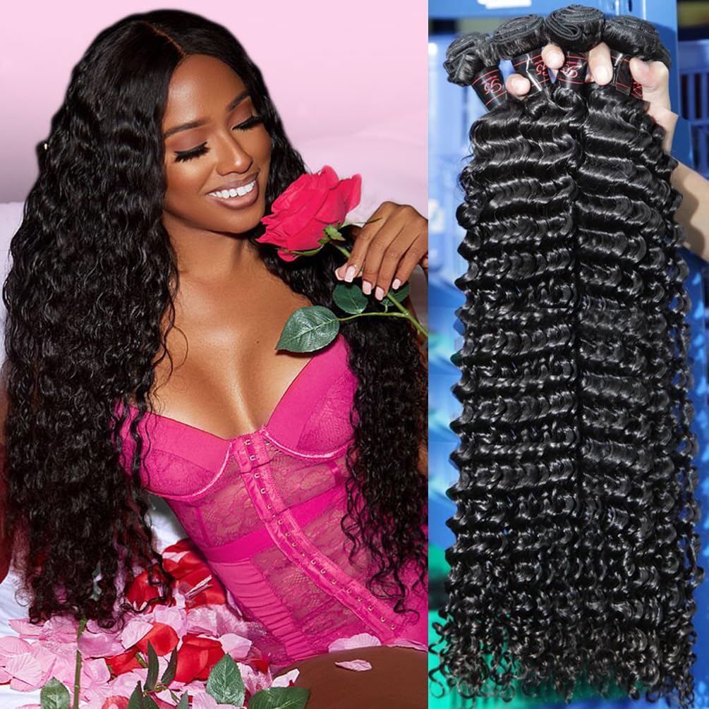 12A Water Wave Human Hair (20 22 24 Inch) 100% Unprocessed Deep Curly Weave Brazilian Human Hair Bundles Full And Thick Virgin Raw Hair Extensions Natural Color