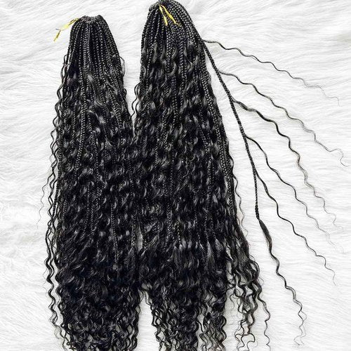 NFHair Crochet Boho Box Braids With Human Hair Pre-Looped Synthetic Braiding Goddess Braids Double Drawn Curly Full Ends Hair Extensions For Women Natural Color 1Pack/40 Stands 14Inch
