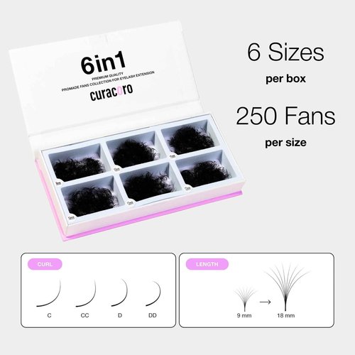 Curacoro Promade Mix 1500 Fans - Handmade Volume Eyelashes, Multi Selections From 5D To 12D, C CC D Curl, Thickness 0.03~0.1 mm, 9-18mm Length, Long Lasting & Easy Application (5D-0.07 CC, 9-14mm)