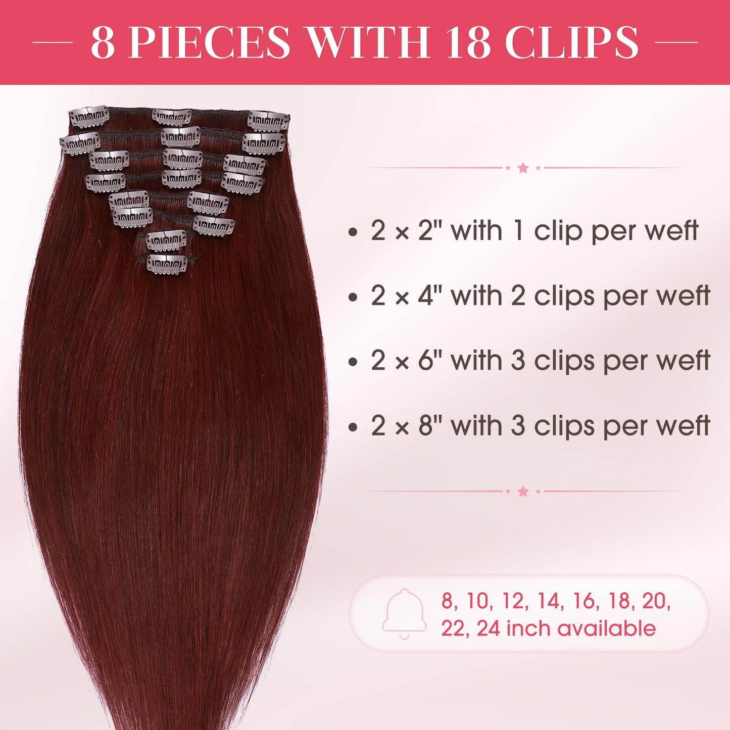 MY-LADY Clip In Hair Extensions Real Human Hair 20 Inch 8pcs Remy Real Hair Extension Clip ins #99J Burgundy Wine Red 105g Silky Straight Full Head Soft Natural Extension
