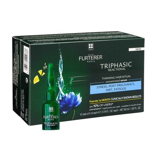 Rene Furterer Triphasic Reactional Concentrated Serum - Thinning Hair caused by stress, postpartum, seasonal change - Drug-Free - Breastfeeding Safe - Dermatologist tested - 12 ct., 3-Month Supply
