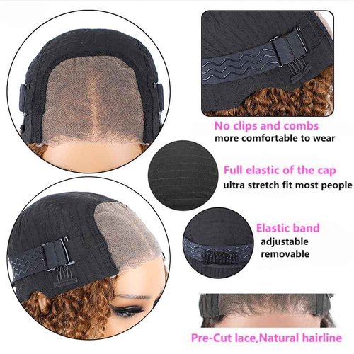 Lealife 14 inch Kinkycurly Wear and Go Glueless Wig Ombre Highlight 4/27 Wigs Pre Cut Transparent Lace Wig human hair Pre Plucked,Natural Hairline for Women 200% Density