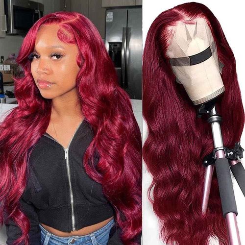 ZGWG Red Frontal Wigs Human Hair 180% Density 13X6 Body Wave Burgundy Lace Front Wigs Hd Lace Front Wigs Pre Plucked Hairline With Baby Hair(Burgundy, 22inch)