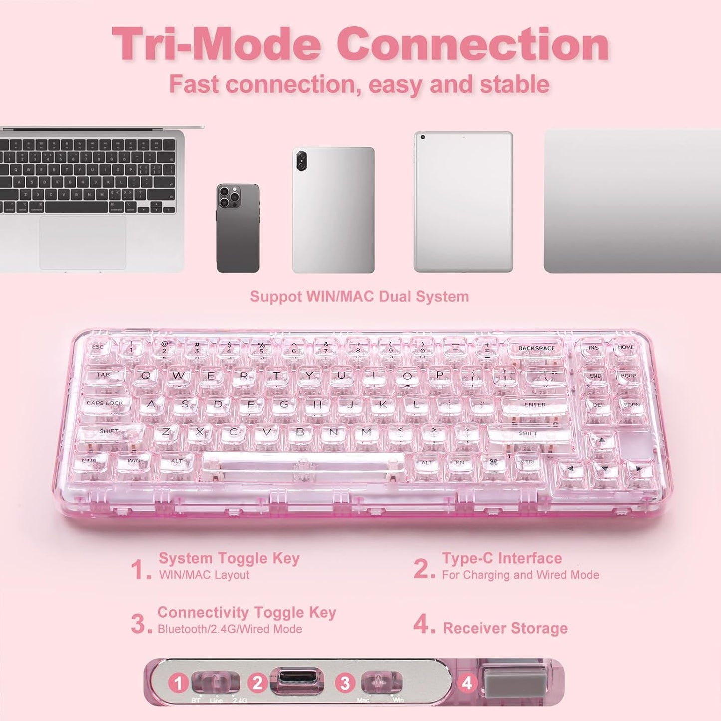 YUNZII X71 Wireless Hot Swappable Transparent Mechanical Keyboard with Clear Keycaps, 68% Layout, BT5.0/2.4G/USB-C Gasket Mount Wireless RGB Backlit for Windows/Mac(Crystal Ice Switch,White)