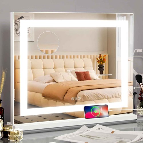 COOLJEEN Vanity Mirror with Lights, 23" x 18" LED Makeup Mirror, Lighted Makeup Mirror with 3 Color Modes, Detachable 10x Magnification and USB Charging, Tabletop & Wall-Mounted