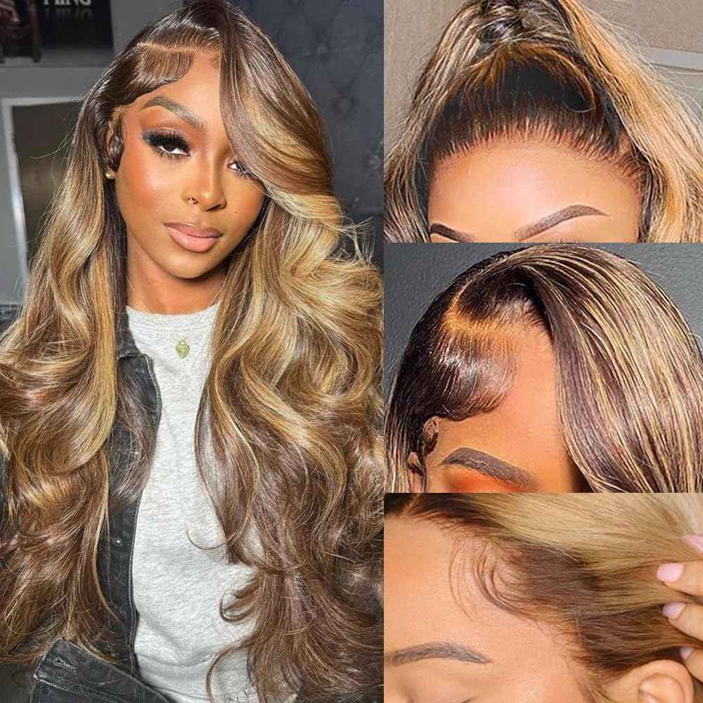 Kucmir 28 Inch Highlight Lace Front Wig Human Hair Ombre for Women 13x6 Body Wave Honey Blonde HD With Baby Hairline