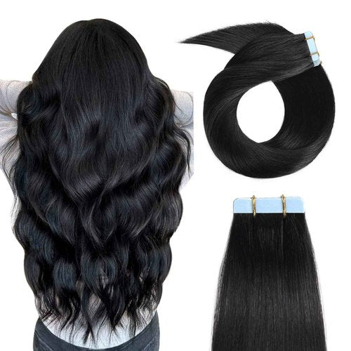 YILITE Jet Black 28inch Tape in Hair Extensions Human Hair #1 20pcs 60g/pack Straight Tape in Hair Extensions Remy Human Hair Seamless Skin Weft Jet Black Tape ins(28Inch Jet Black #1)