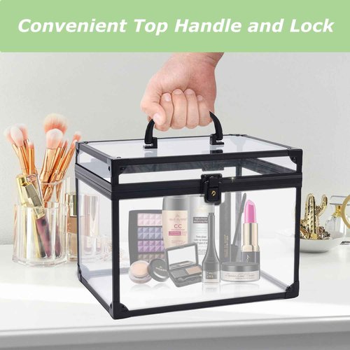 Crown Box, Clear Cosmetic Case, Acrylic Artists Display Case, Toiletry Train Case with Latches & Handle Large Capacity Acrylic Travel Makeup Tools Box for Vanity Dresser Bathroom Counter (Black)