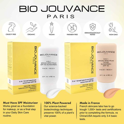 BIO JOUVANCE PARIS - 4 In 1 Sunscreen 2oz(60ml) | SPF50 Sunblock + Moisturizer + Anti-Aging + Antioxidant | Face&Body Sensitive Skin | Made in France