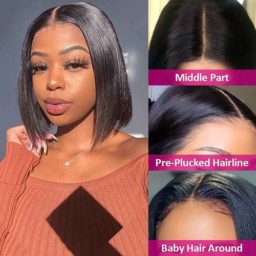 Pizazz Straight Bob Wig Human Hair 13x4 HD Transparent Lace Front Wigs Human Hair with Baby Hair (14inch) 180 Density Glueless Wigs Human Hair Pre Plucked