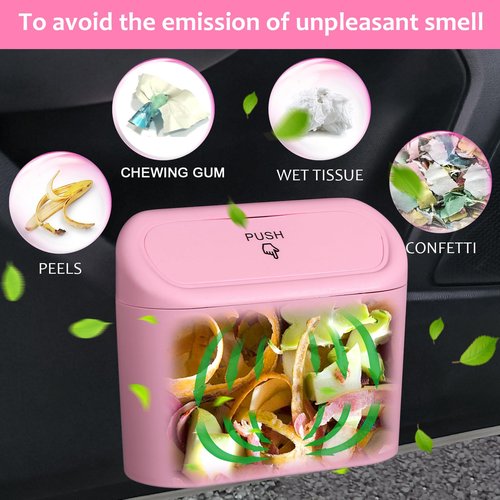 Accmor Car Trash Can with Lid, 2 Pack Pink Mini Vehicle Trash Bin Dustbin Garbage Organizer Holder with Trash Bag, Small Hanging Leakproof Auto Storage Bag Container for Car SUV Home Office