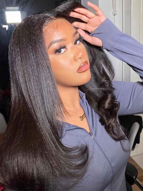 YIROO Hair V Part Wig Human Hair Kinky Straight Wig No Leave Out Upgraded U Part Wigs for Women 12A Yaki Straight Glueless Wear And Go V Shape Clip in Wigs Beginner Friendly 150% Density 22 Inch