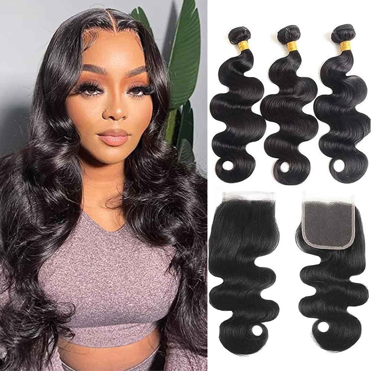 Human Hair Bundles with Closure 20 22 24+18 Inch Body Wave Closure with bundles 100% Brazilian Virgin 3 Bundles Human Hair Weave with 4x4 Free Part Lace Closures Natural Black