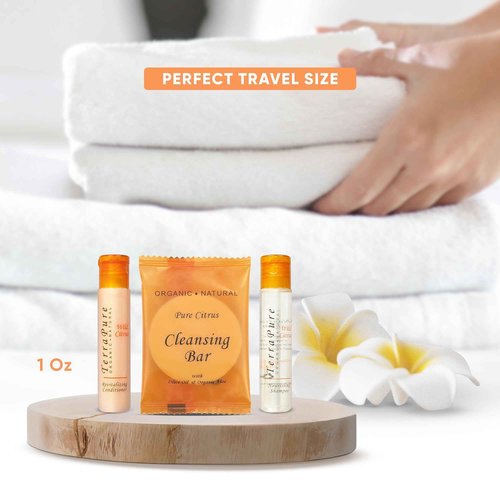 Terra Pure Wild Citrus Soaps & Toiletries Bulk Set | 1-Shoppe Amenities Kit for Hotels & Vacation Rentals | 1 oz Shampoo & Conditioner, 40g Cleansing Bar | 150 Pieces