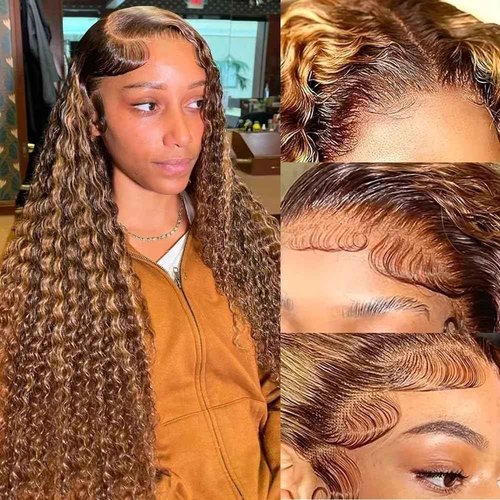 JFOOHD 28 Inch Highlight Deep Wave Lace Front Wigs Human Hair 200% Density 13x4 Deep Curly Human Hair Wig Pre Plucked P4/27 Ombre HD Lace Frontal Wigs for Women