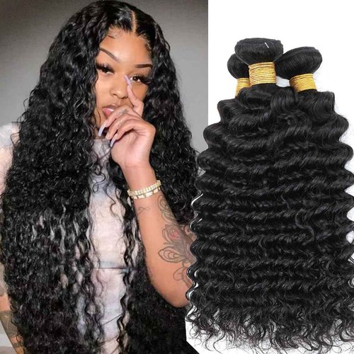 Human Hair Bundles Brazilian Deep Wave Human Hair Weaves 18 20 22inch 100% Unprocessed Virgin Human Hair Deep Wave Curly Water Wave Wet and Wavy Raw Bundles Deals Natural Black