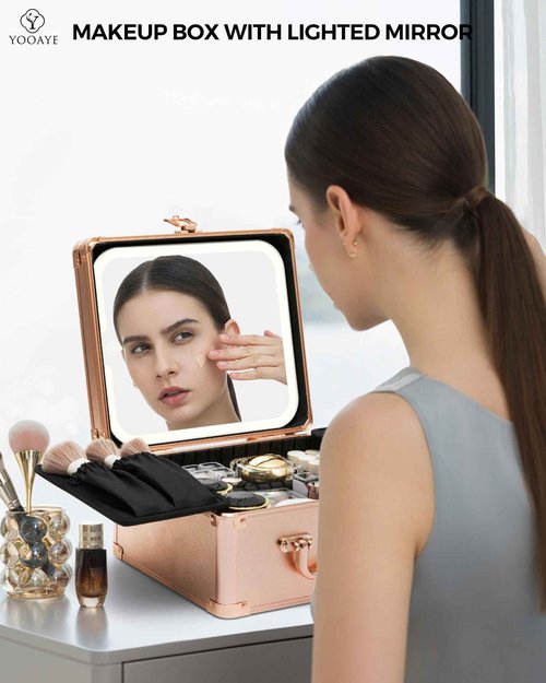 Yooaye Makeup Box with Detachable Lighted Mirror–Travel Train Case, Cosmetic/Storage Organizer & Makeup Suitcase with Adjustable Dividers & Magnetic LED Mirror (Rose Gold)