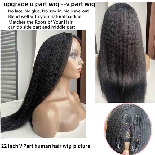 V Part Wig Human Hair Kinky Straight 180% Density Upgrade U Part Human Hair Wig For Women No Leave Out No Glue Beginner Friendly Full Head Clip In Half Wigs Yaki V Shape Wigs 20 Inch Natural Color
