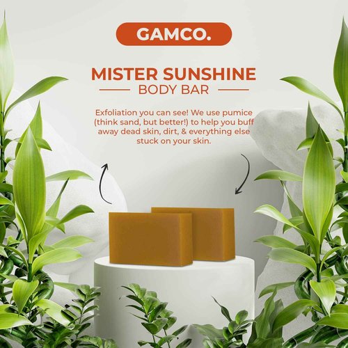 Grown Ass Man Co. Exfoliating Body Bars - Solid Soap with Natural Oils & Gentle Scrub - Plastic Free & Eco-Friendly, Natural & Organic for All Skin, 4oz Bar - Mister Sunshine - Mild Exfoliant, 6-Pack