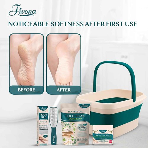 Fivona Foot Care Kit 4 in 1 - Foot Soak Blend with Epsom Salt, Tea Tree and Essential Oils - Collapsible Foot Soak Basin - 42% Urea Cream for Hard, Calloused Skin - Dual Action Foot File