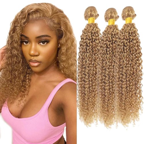 Fabimiya 14 16 18 Inch Human Hair Bundles Honey Blonde 27# Jerry Curly Bundles Human Hair 100% Unprocessed Soft Sewn In Hair with Double Weft for Black Women