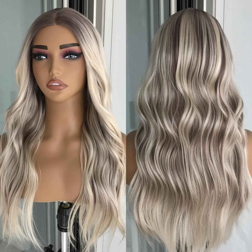 mytonecoo Highlight Blonde Wear and Go Glueless Wig Synthetic Lace Front Wigs for Women Body Wave Pre Cut Pre Plucked Lace Dirty Blonde Wig Medium Length 20inch Ready to Wear Wigs