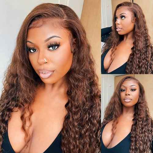 FQ Chocolate Brown #2 Lace Front Wig Water Wave 5x5 HD Lace Closure Wigs for Black Women Human Hair 180% Density Colored Lace Front Wigs Human Hair 22 inch(Chocolate Reddish Brown 5x5 Wigs)