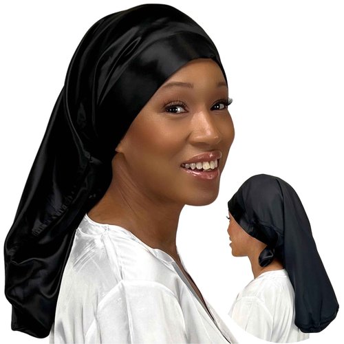 Reversible 100% Real Silk Long Hair Reversible Sleep Bonnet - Wide Band, Adjustable Tie, 22 Momme Mulberry Silk - Black