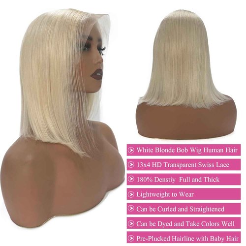 Ubetta White Blonde Lace Front Bob Wig Human Hair, Platinum Blonde 13x6 Lace Front Wigs Human Hair Pre Plucked White Blond Bob Wigs for Women 12 Inch 180% Density Bleachd Knots Swiss HD Lace
