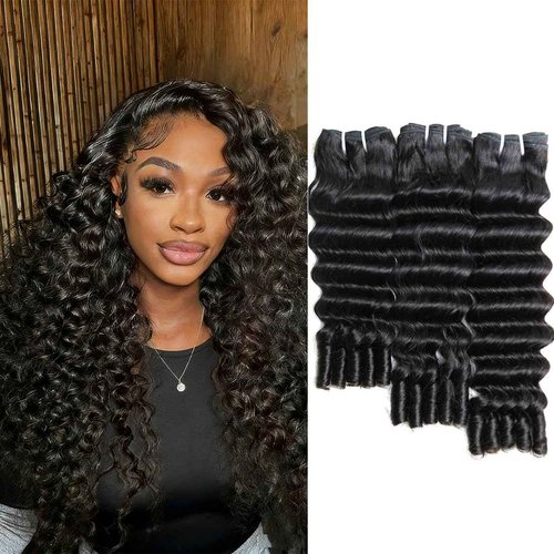 SWEETGIRL Deep Wave Human Hair Bundles Burmese Curly Bundles Human Hair Quick Weave with Spiral End Sew in Hair Extensions, Real Virgin Remy Hair, 16 18 20 Inches, Natural Color