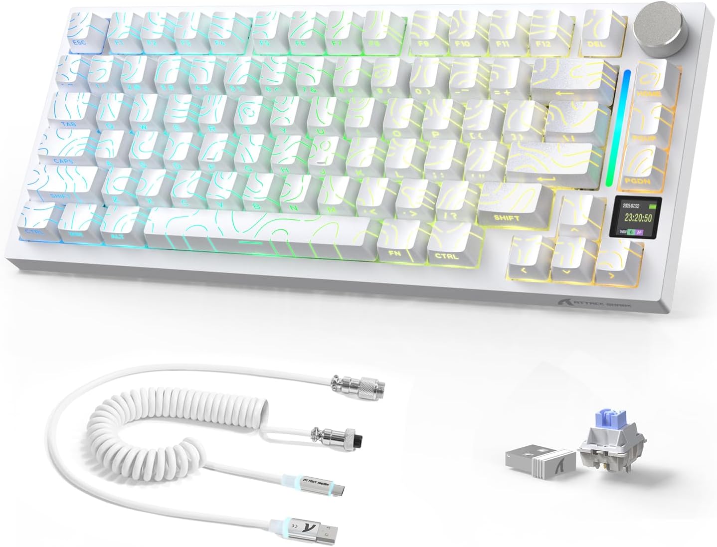 Attack Shark ajazz AK820 Wired Mechanical Gaming Keyboard with Volume Knob Hot Swappable 75% Gasket Keyboard 5-Layer Noise Absorbing Foam PBT Keycap Ice Blue Backlit Blue Switch for PC/Win/Mac-White