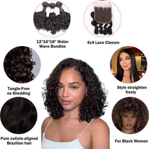 ManeMajesty 12A Real Brazilian Curly Human Hair Bundles 3 Pcs 12 Inch Bundle with 4x4 Lace Closure 100% Unprocessed Brazilian Virgin Human Hair Vogue Curly Extensions for Black Women Natural Color