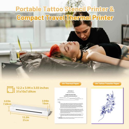 Ponek Tattoo Stencil Printer, M08F Wireless Thermal Tattoo Printer with 10pcs Transfer Paper, Compatible with Phone/Tablet/PC, Tattoo Machine for Tattoo Artists & Beginners, All White