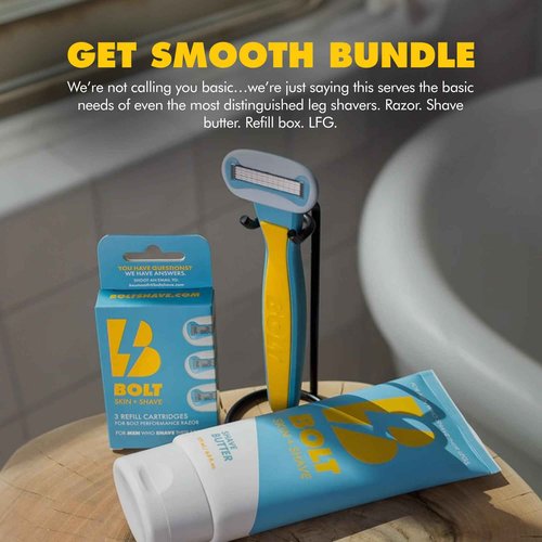 Bolt Skin + Shave - Get Smooth Bundle for Men - Shaving Kit for Legs, Head, Chest & Arms - Includes Razor, Shave Butter and 3 Refill Cartridges