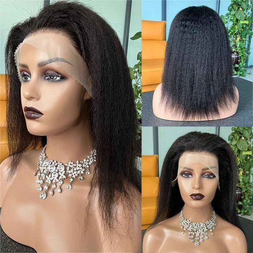 veravicky Kinky Straight Wig Human Hair 14 inch Glueless Kinky Straight 13x4 Lace Front Wig Pre Plucked HairLine with Baby Hair 180% Density Yaki Straight Wigs Natural Black Color