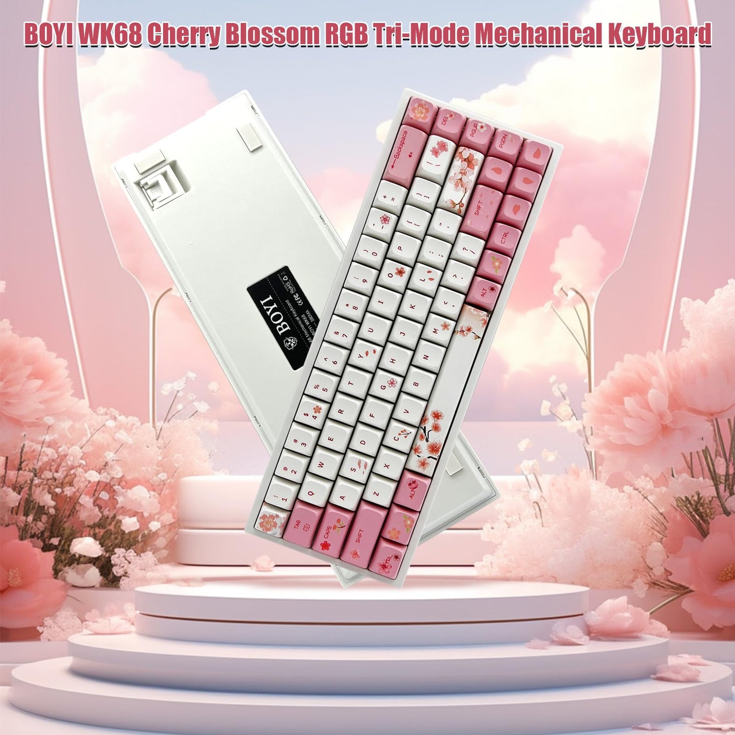 ZMX X BOYI Cherry Blossom Pink Gaming Keyboard,65% Compact 68 Keys Mini Hot Swap Tri-Mode BT/2,4G/Type-C Wireless Mechanical Keyboard with Dye-Sub PBT XDA Keycaps (Yellow Switch)
