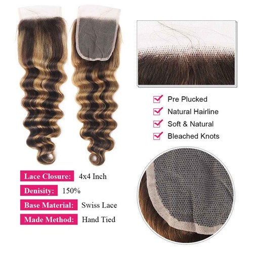 P4/27 Ombre Human Hair Bundles Loose Deep Wave Quick Weave Hair with Closure, 10A Brazilian Raw Deep Wave Human Hair Highlight Bundles with 4x4 Lace Closure(12 14 16+12inch, Honey Blonde Brown Color)