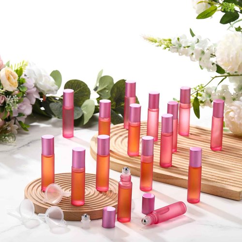 Sumind 150 Pcs Frosted Glass Roller Bottles Essential Oil 10 ml Empty Roll on Bottles with Stainless Steel Balls Leak Proof with 5 Funnel for Travel Essential Oil Perfume(Frosted Pink)